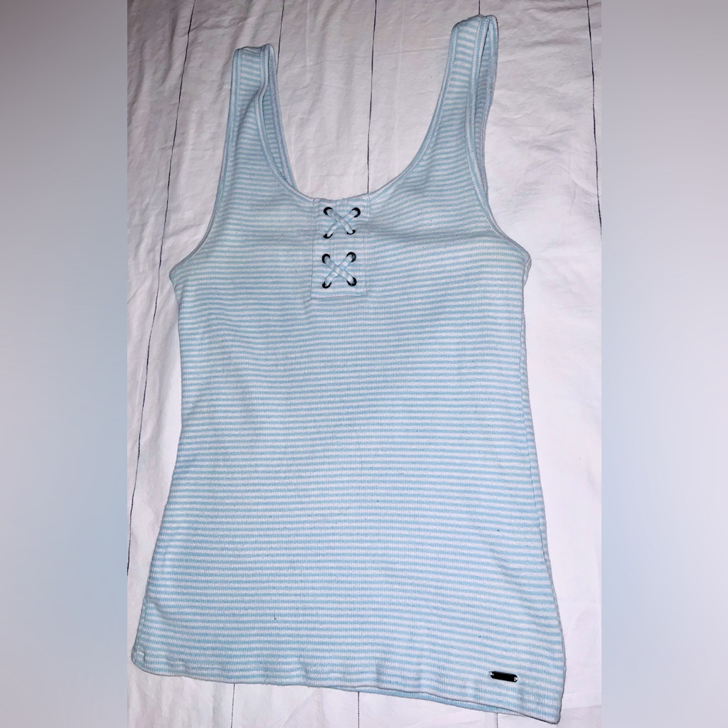 Hollister Co. Baby Blue & White Striped Tank Top With Lace Up Details Size Large